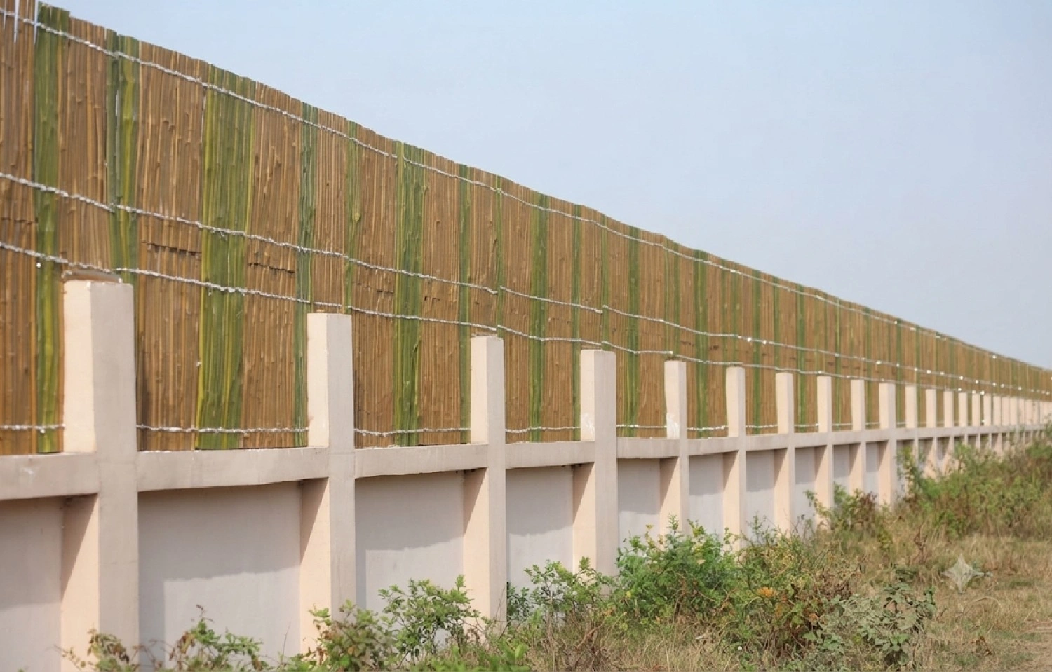 Tall bamboo acoustic noise barrier wall installed along a highway