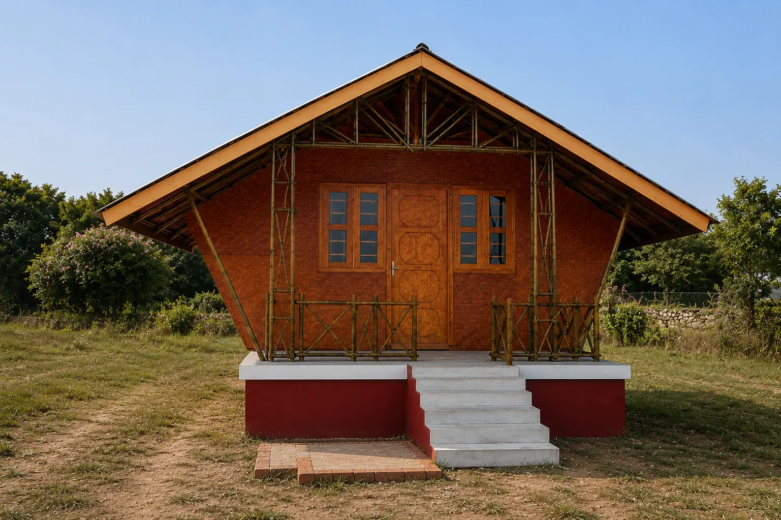 Elevated prefabricated bamboo hut cottage with front stairs