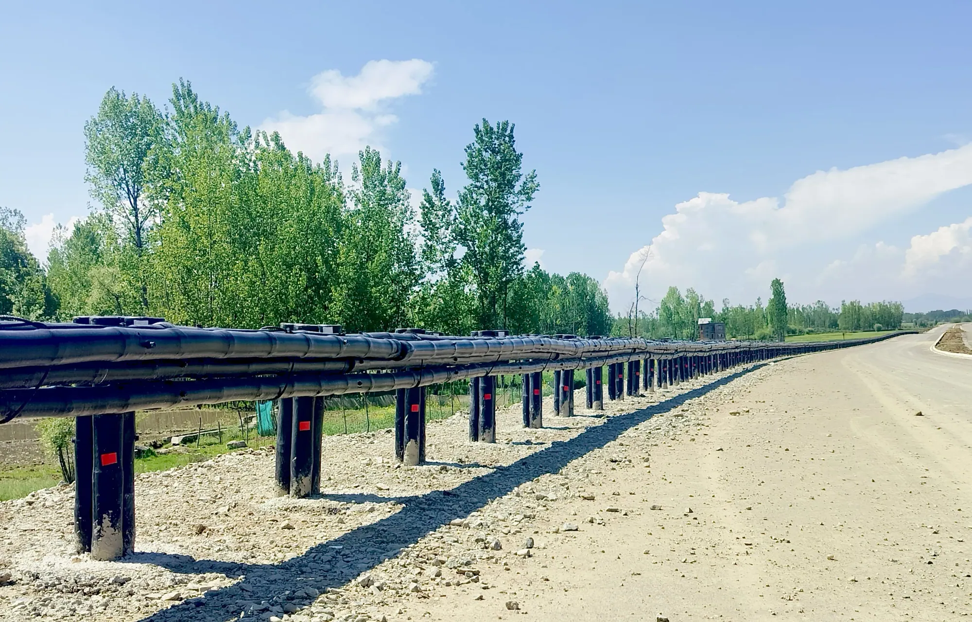 Kooch Kavach bamboo crash barrier installed on highways, hill roads and city streets